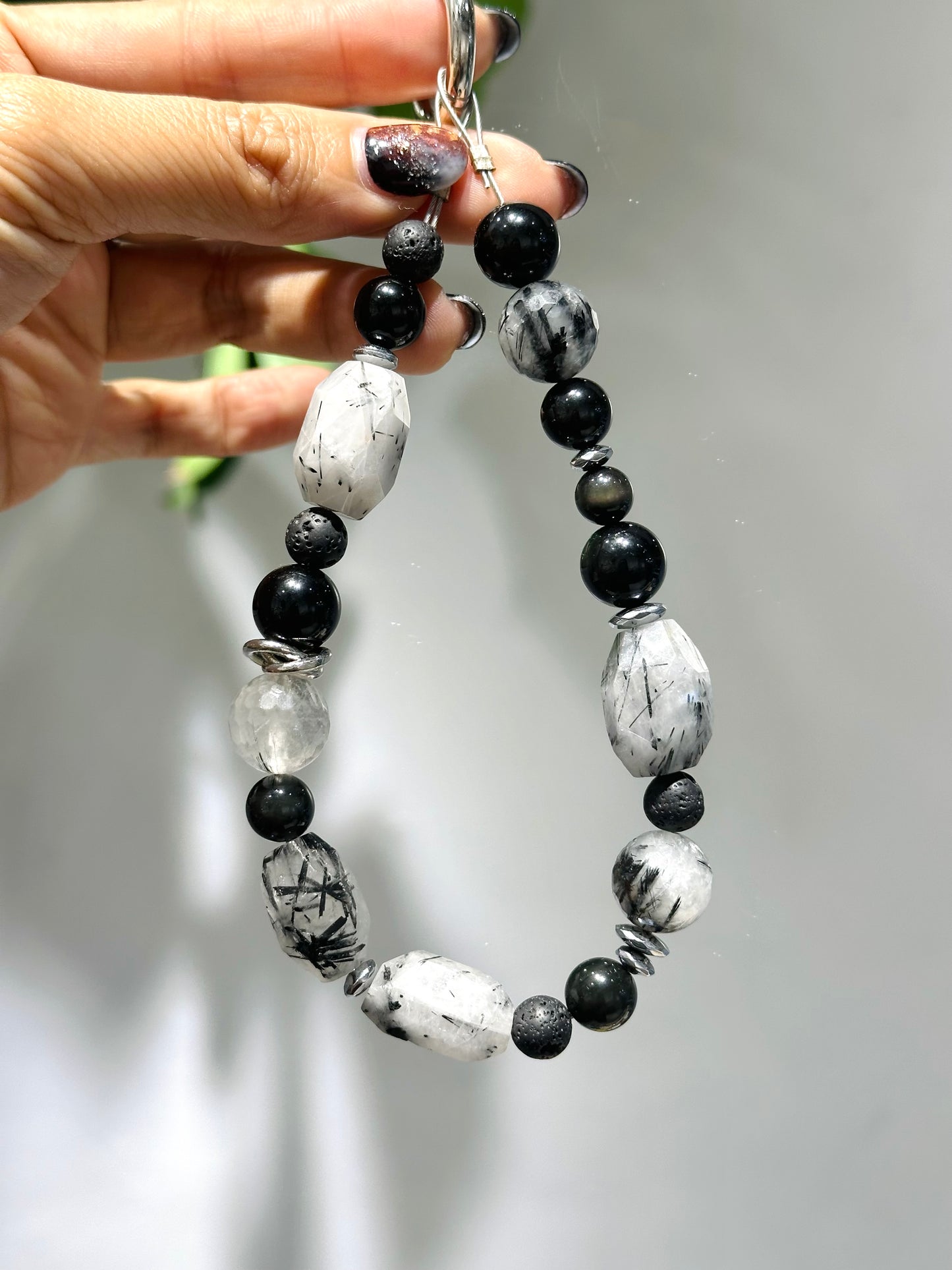 Phone Strap - Black Rutilated Obsidian and Lava Stone 電話繩 - 黑髮晶 黑曜石 火山石