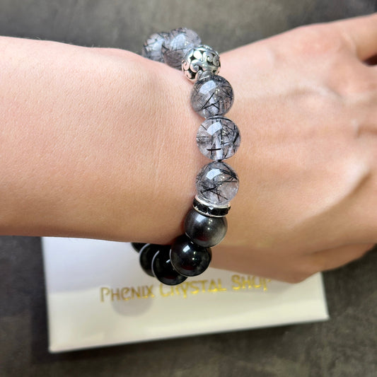 Black Rutilated Quartz x Silver Obsidian Bracelet 黑髮晶x銀曜石手串