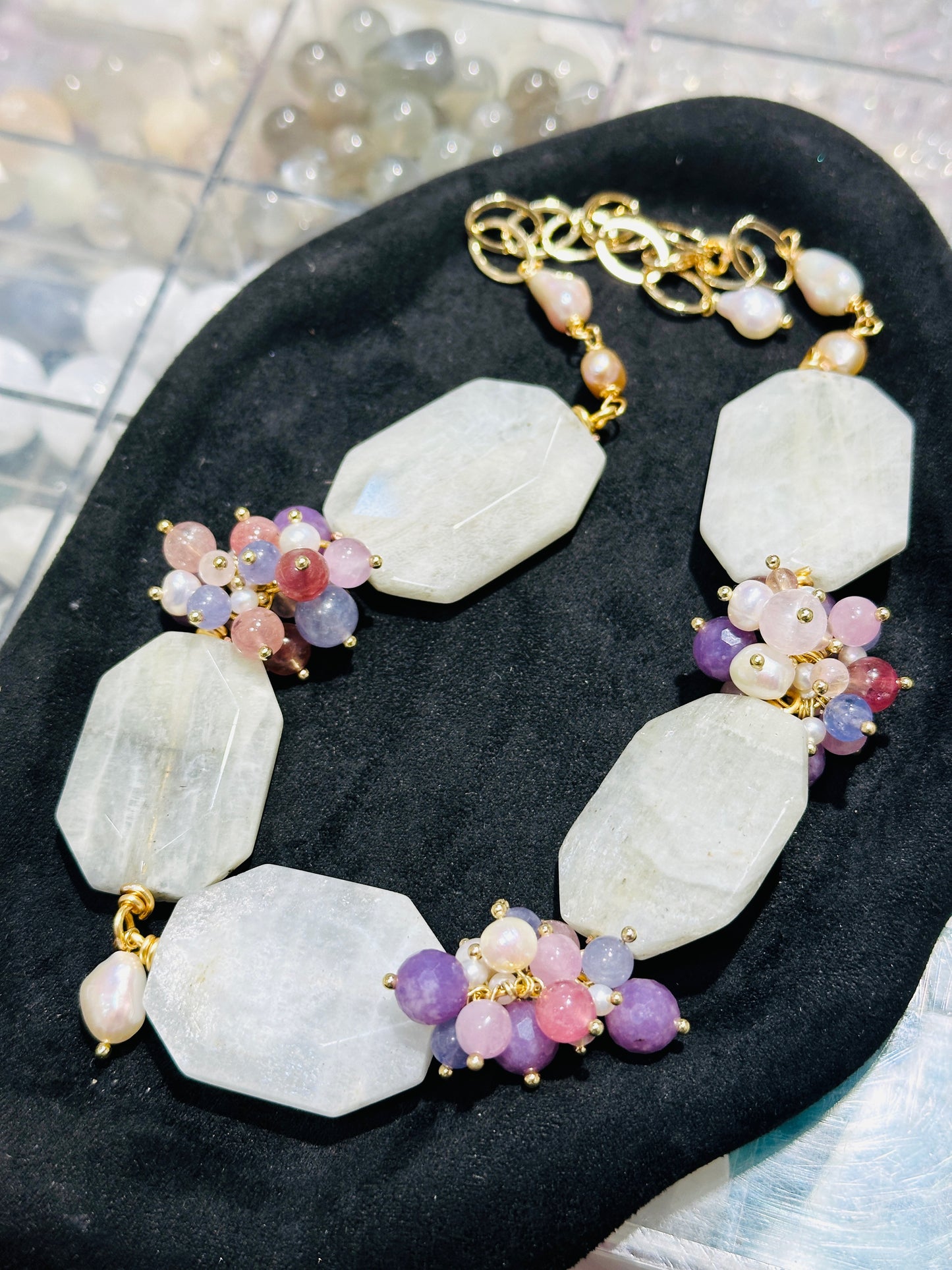 White Moonstone & Violet Bouquet Design Bracelet 白月亮石 紫色小花束 設計項鏈