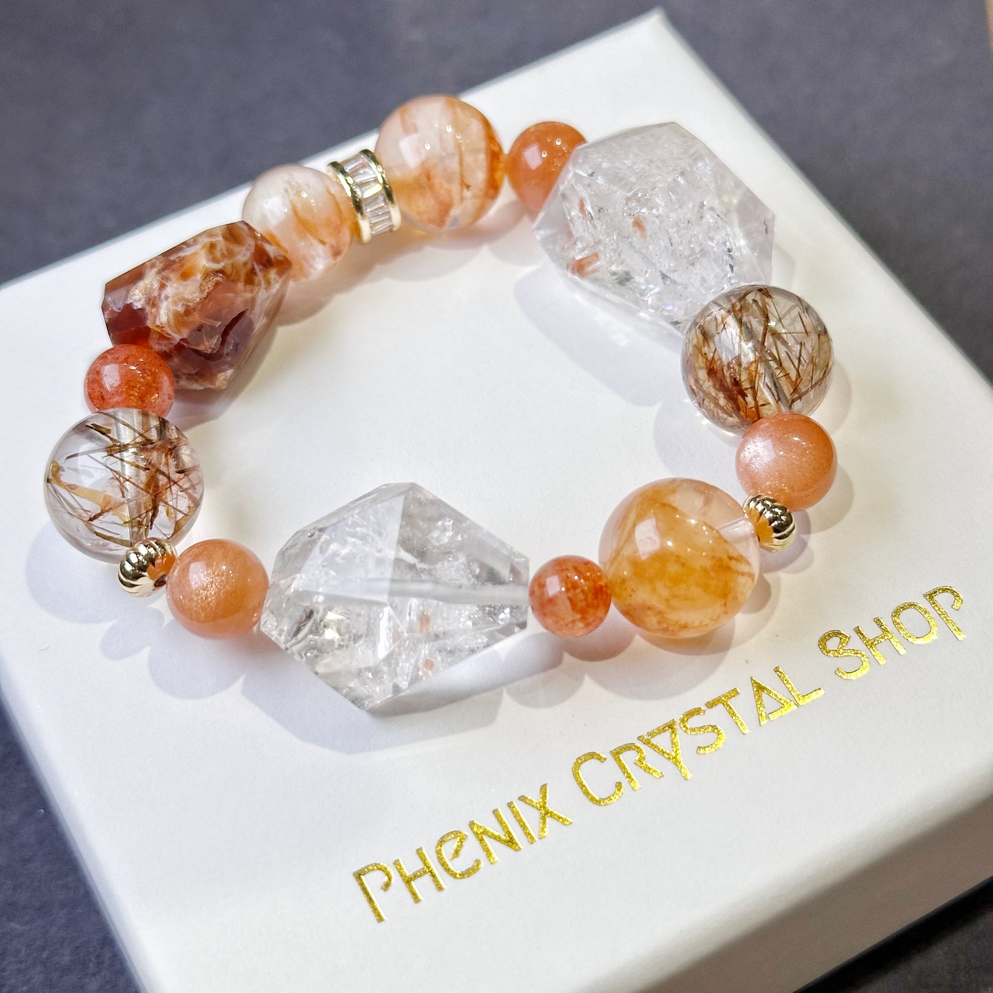 Elestial Quartz x Sunstone x Sericite x Brandy Opal x Tourmaline Rutilated Quartz 骸骨水晶 太陽石 絲雲母 碧璽髮晶 橙澳寶