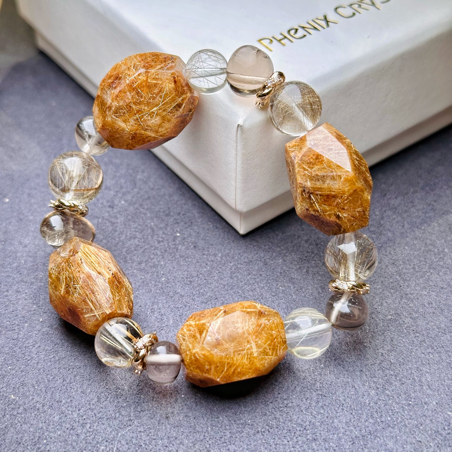 Gold Rutilated Quartz x Smoky Quartz Design Bracelet 金髮晶x茶晶設計款