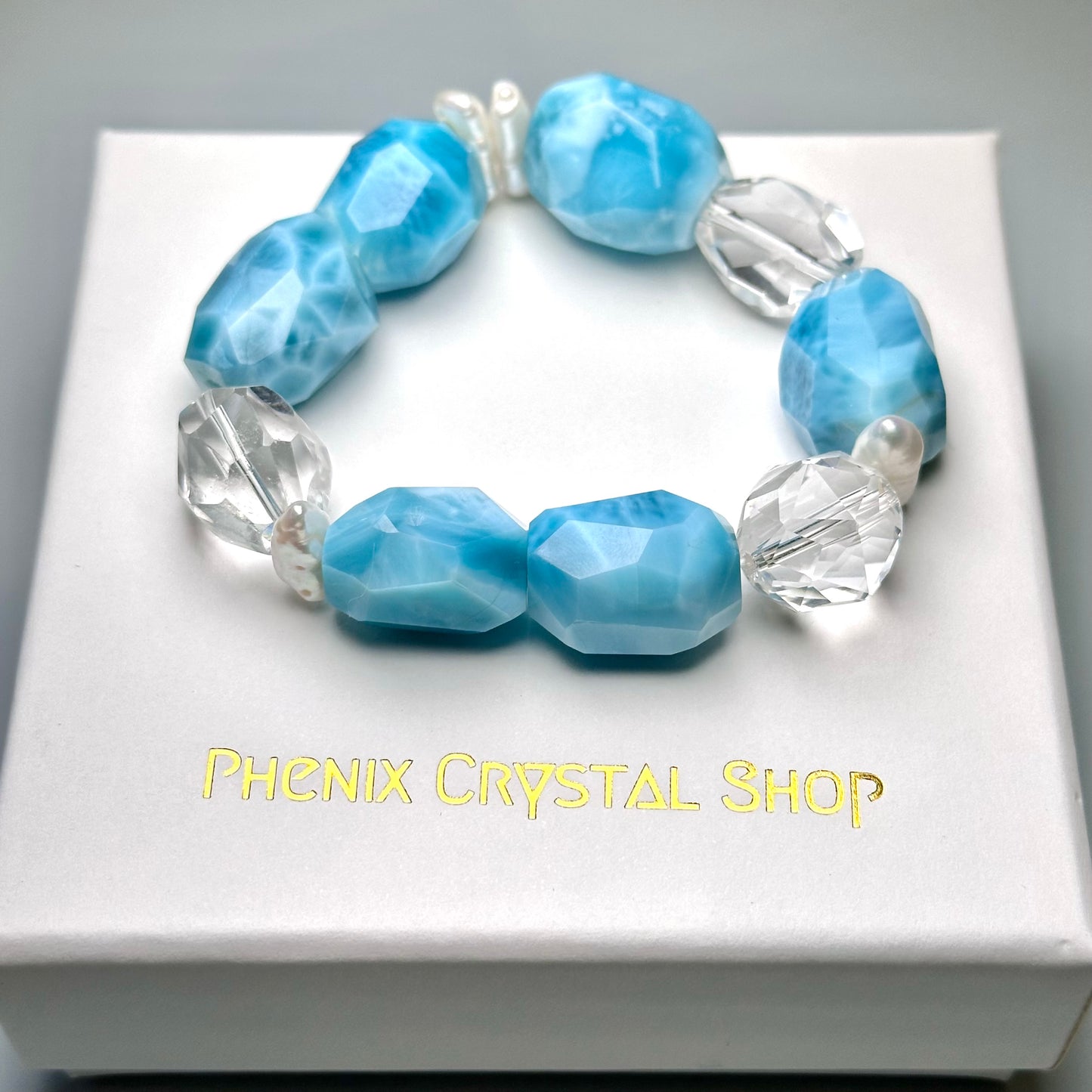 HUGE Larimar x Pearl x Clear Quartz Designer Bracelet 巨型海紋石淡水珍珠白水晶設計手串