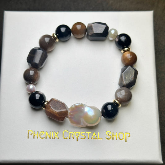 Black Sunstone Pearl Bracelet 黑金太陽骨干 金運石 巴洛克珍珠 設計手串