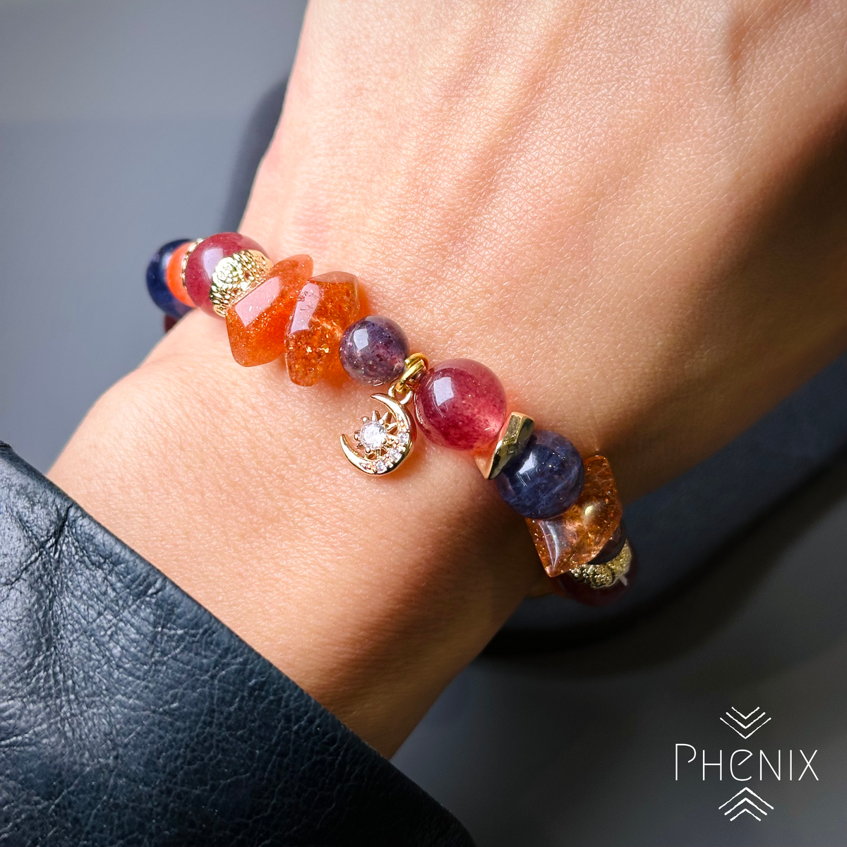 Sunstone Iolite Strawberry Quartz Bracelet 金太陽 堇青 草莓晶 手串 | 手串 bracelet | 整體圖 full piece view