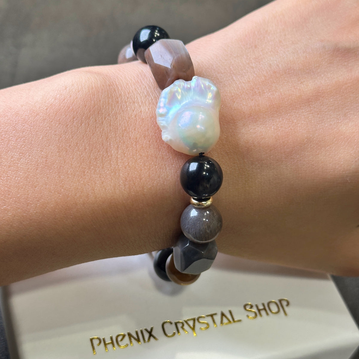 Black Sunstone Pearl Bracelet 黑金太陽骨干 金運石 巴洛克珍珠 設計手串