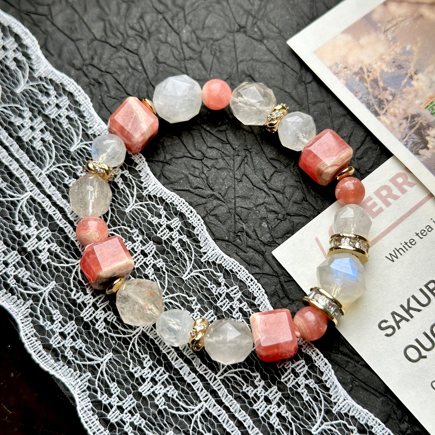 Rhodochrosite Moonstone Rabbit Hair Rutilated Bracelet 紅紋石月亮石兔毛水晶手串