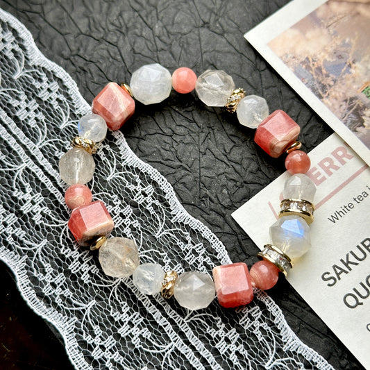 Rhodochrosite Moonstone Rabbit Hair Rutilated Bracelet 紅紋石月亮石兔毛水晶手串