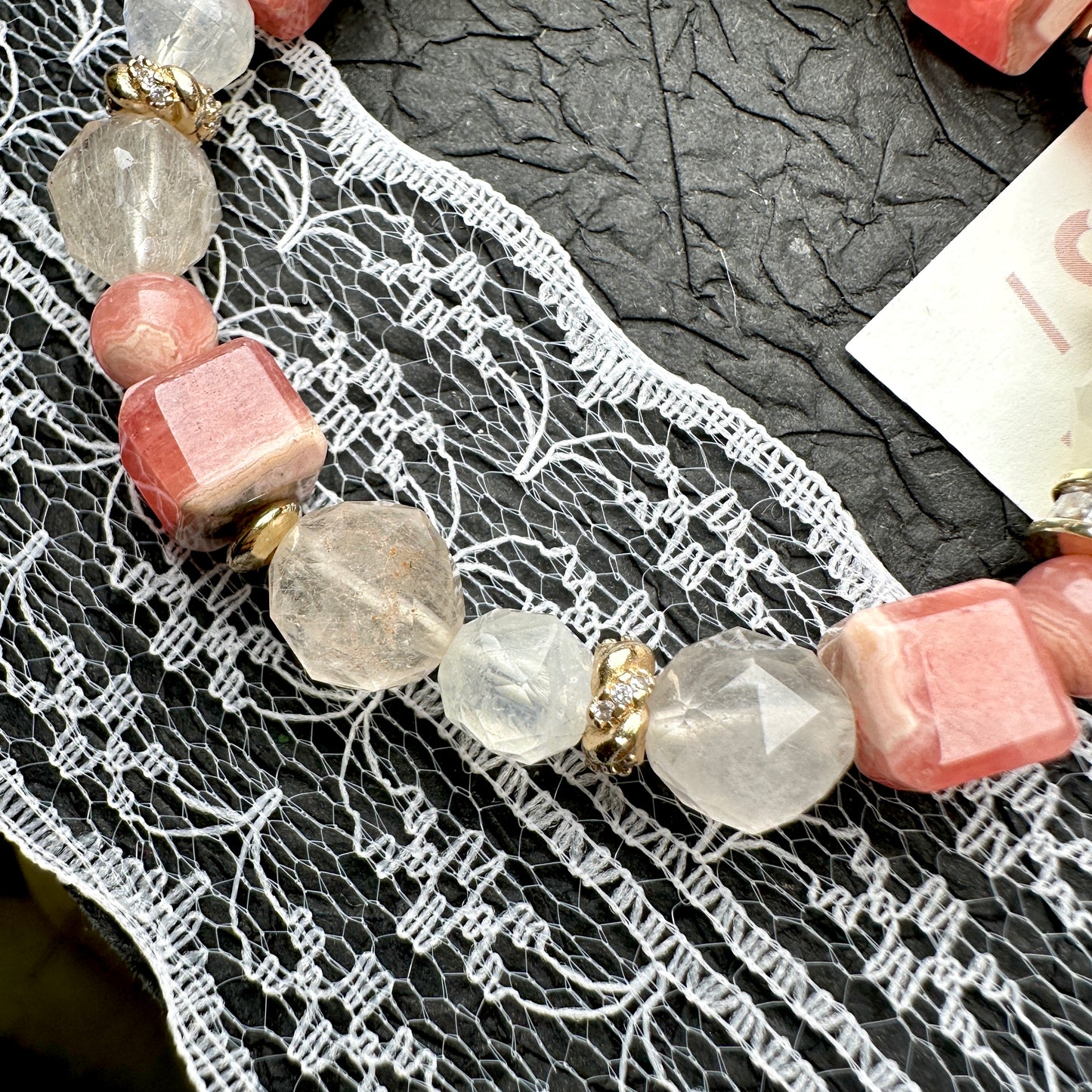 Rhodochrosite Moonstone Rabbit Hair Rutilated Bracelet 紅紋石月亮石兔毛水晶手串