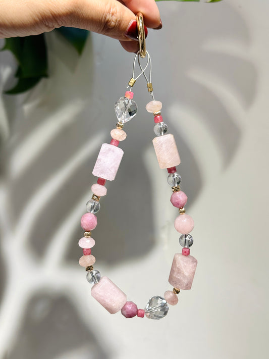 Phone Strap - Morganite Rhodonite Pink Tourmaline Clear Quartz 粉摩根 薔薇輝 粉紅碧璽 電話繩