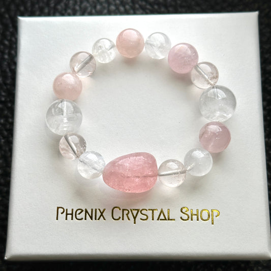 Morganite x White Phantom x Cherry Blossom Quartz Bracelet 摩根石 白幽靈 櫻花粉晶 手串