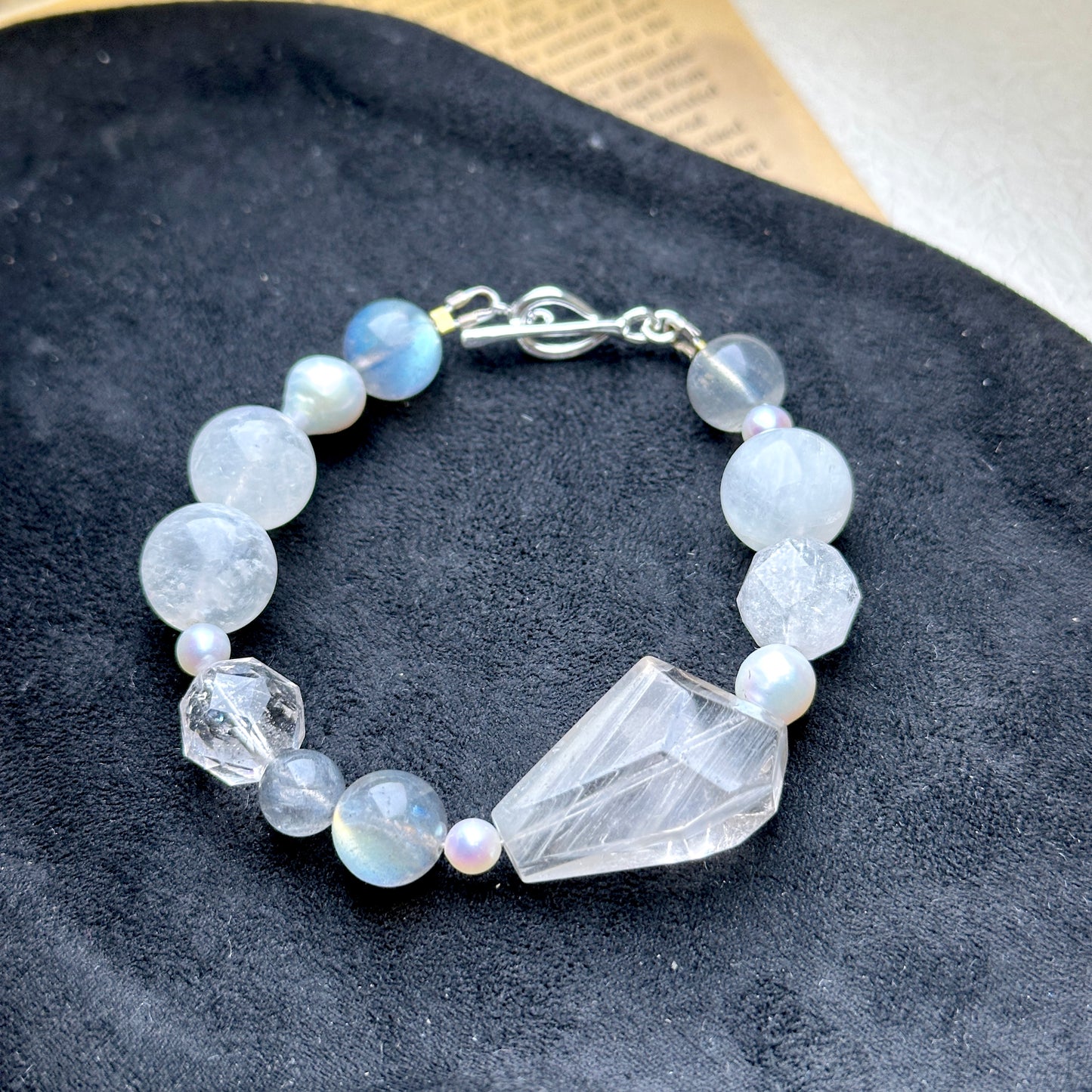 Rabbit Hair Quartz Moonstone Labradorite Pearl Bracelet 兔毛水晶 月亮石 拉長石 小珍珠 手鏈