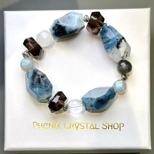 Aquamarine x Labradorite x Smoky Quartz x Moonstone 魔鬼髮海藍寶x拉長石x茶晶x月亮石