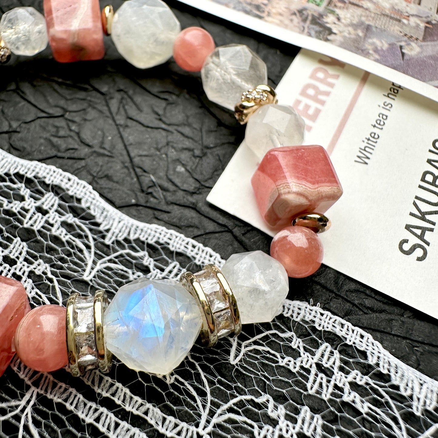 Rhodochrosite Moonstone Rabbit Hair Rutilated Bracelet 紅紋石月亮石兔毛水晶手串