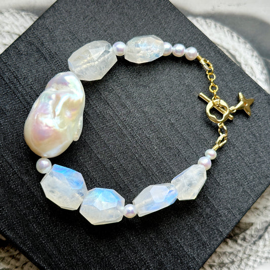 Moonstone Faceted Baroque Pearl Bracelet 月亮石 巴洛克珍珠 手鏈