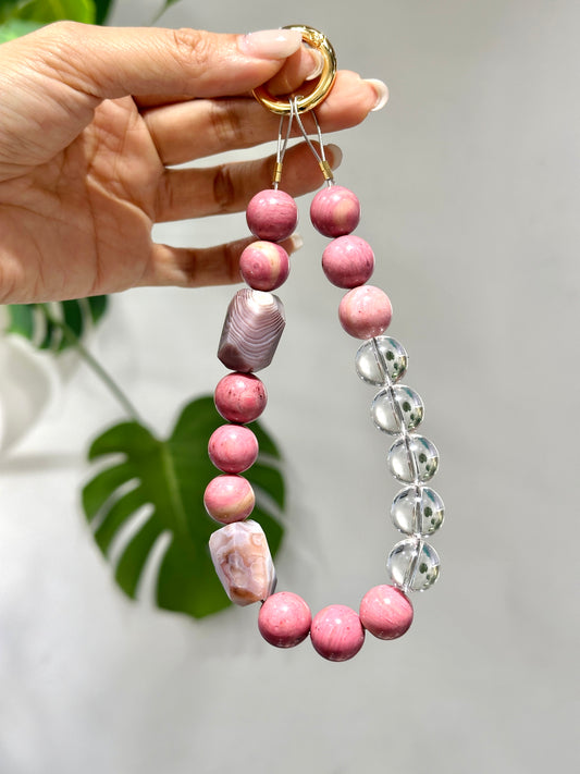 Phone Strap - Rhodonite & Lace Agate & Clear Quartz 電話繩 - 薔薇輝 蕾絲瑪瑙 白水晶