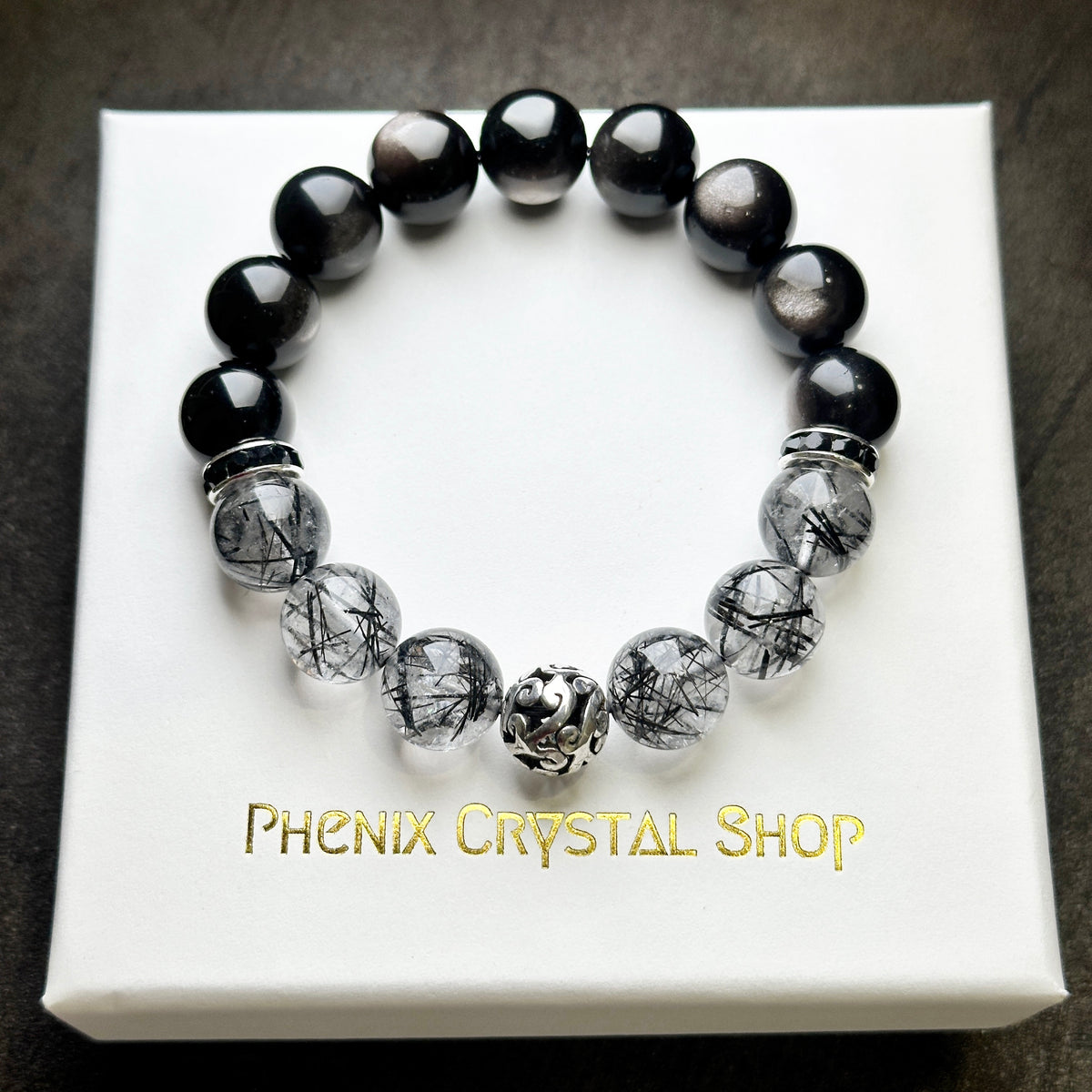 Black Rutilated Quartz x Silver Obsidian Bracelet 黑髮晶x銀曜石手串