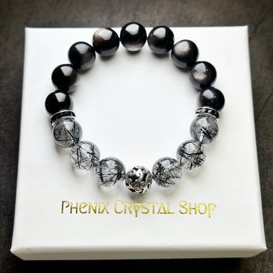 Black Rutilated Quartz x Silver Obsidian Bracelet 黑髮晶x銀曜石手串