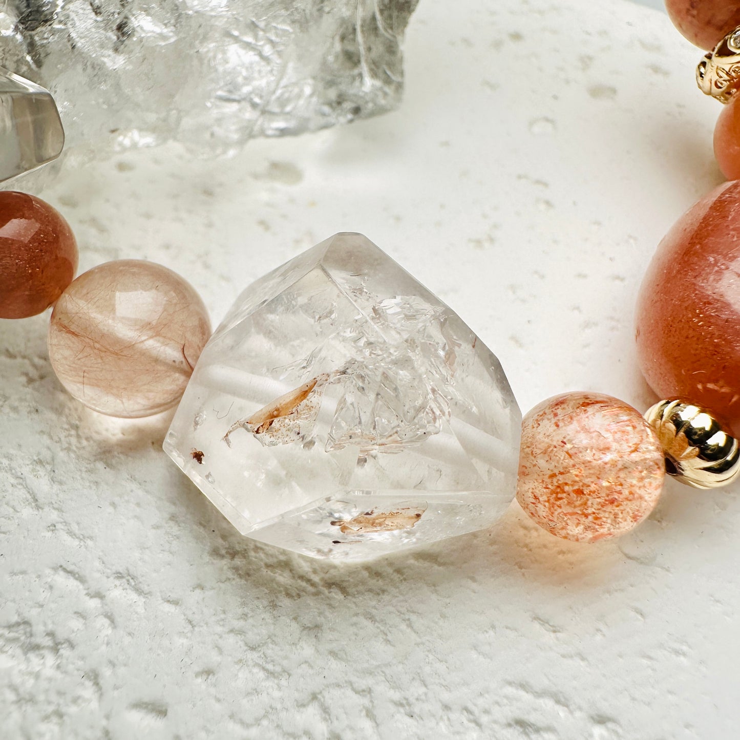 Sunstone & Skeleton Quartz & Rabbit Hair Quartz & Brandy Opal Design Bracelet 太陽石 x 骸骨水晶 x 兔毛水晶 x 絲雲母 設計款手串