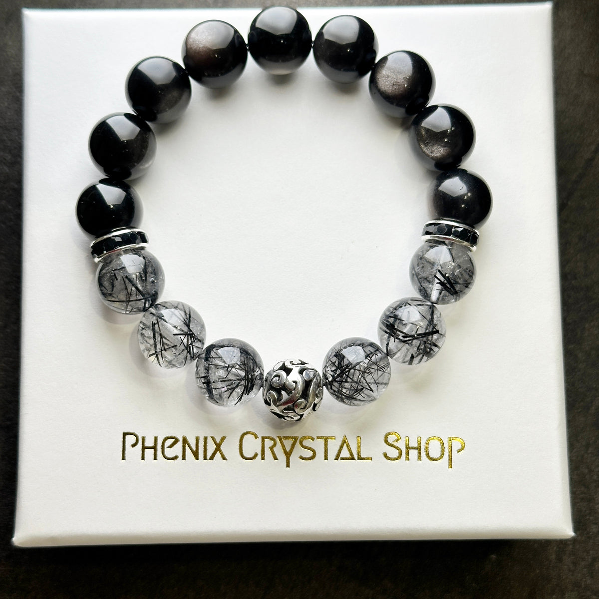 Black Rutilated Quartz x Silver Obsidian Bracelet 黑髮晶x銀曜石手串