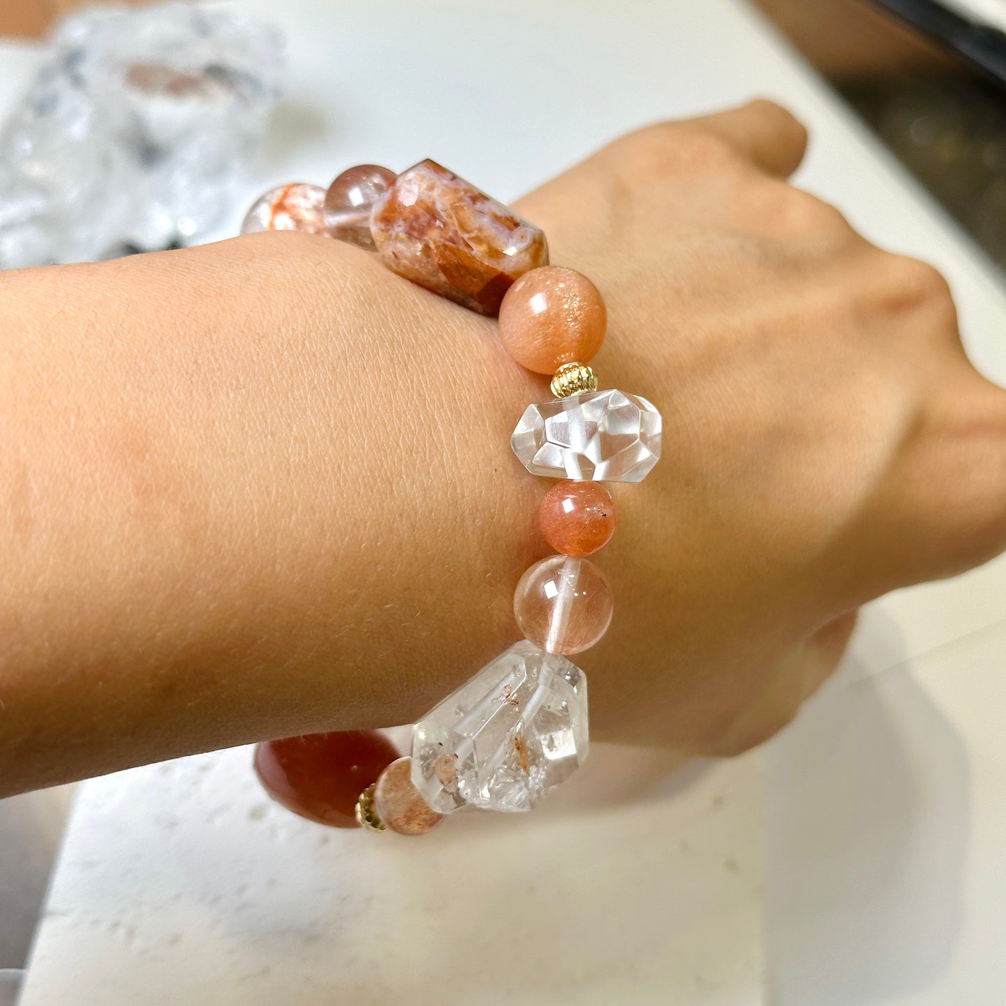 Sunstone & Skeleton Quartz & Rabbit Hair Quartz & Brandy Opal Design Bracelet 太陽石 x 骸骨水晶 x 兔毛水晶 x 絲雲母 設計款手串