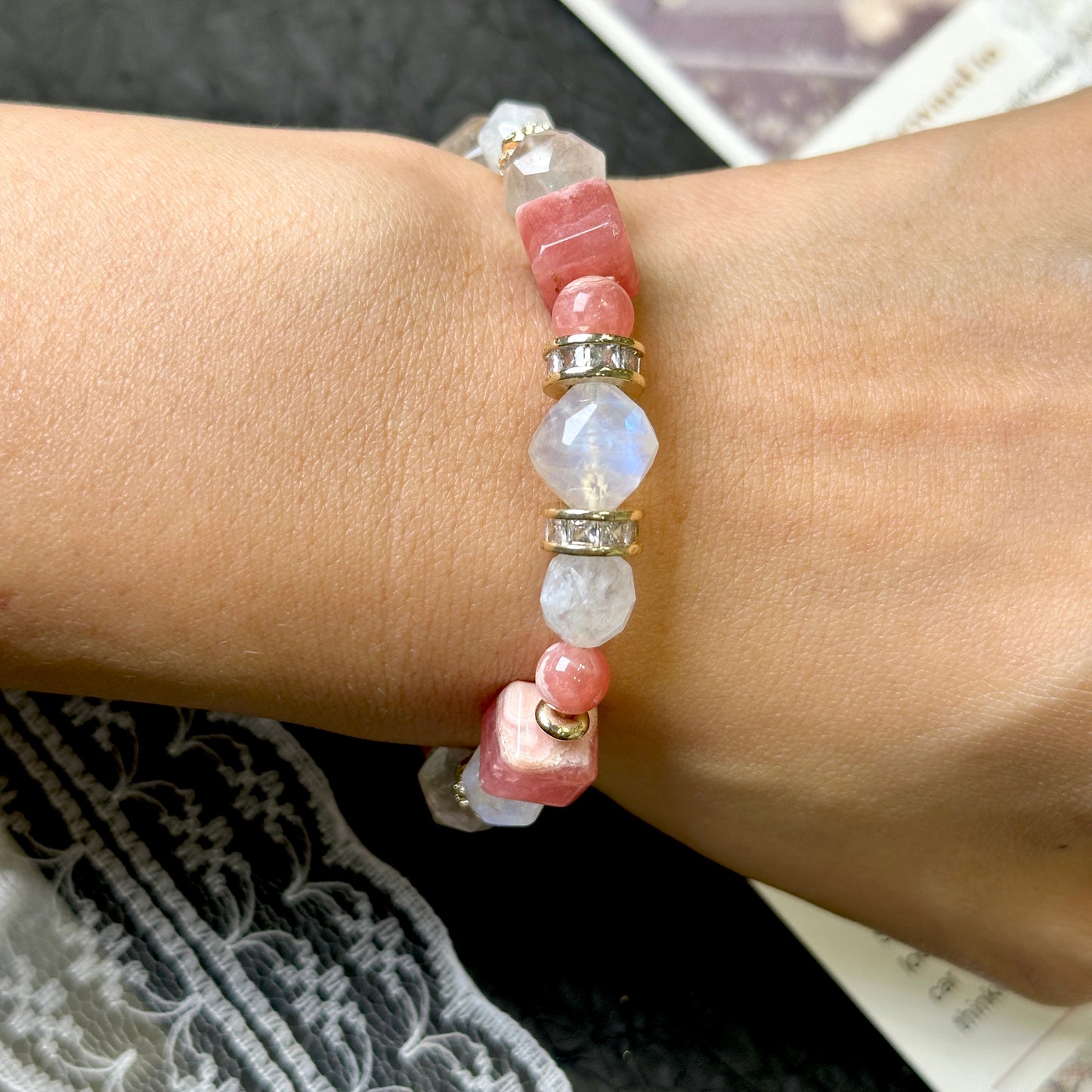 Rhodochrosite Moonstone Rabbit Hair Rutilated Bracelet 紅紋石月亮石兔毛水晶手串