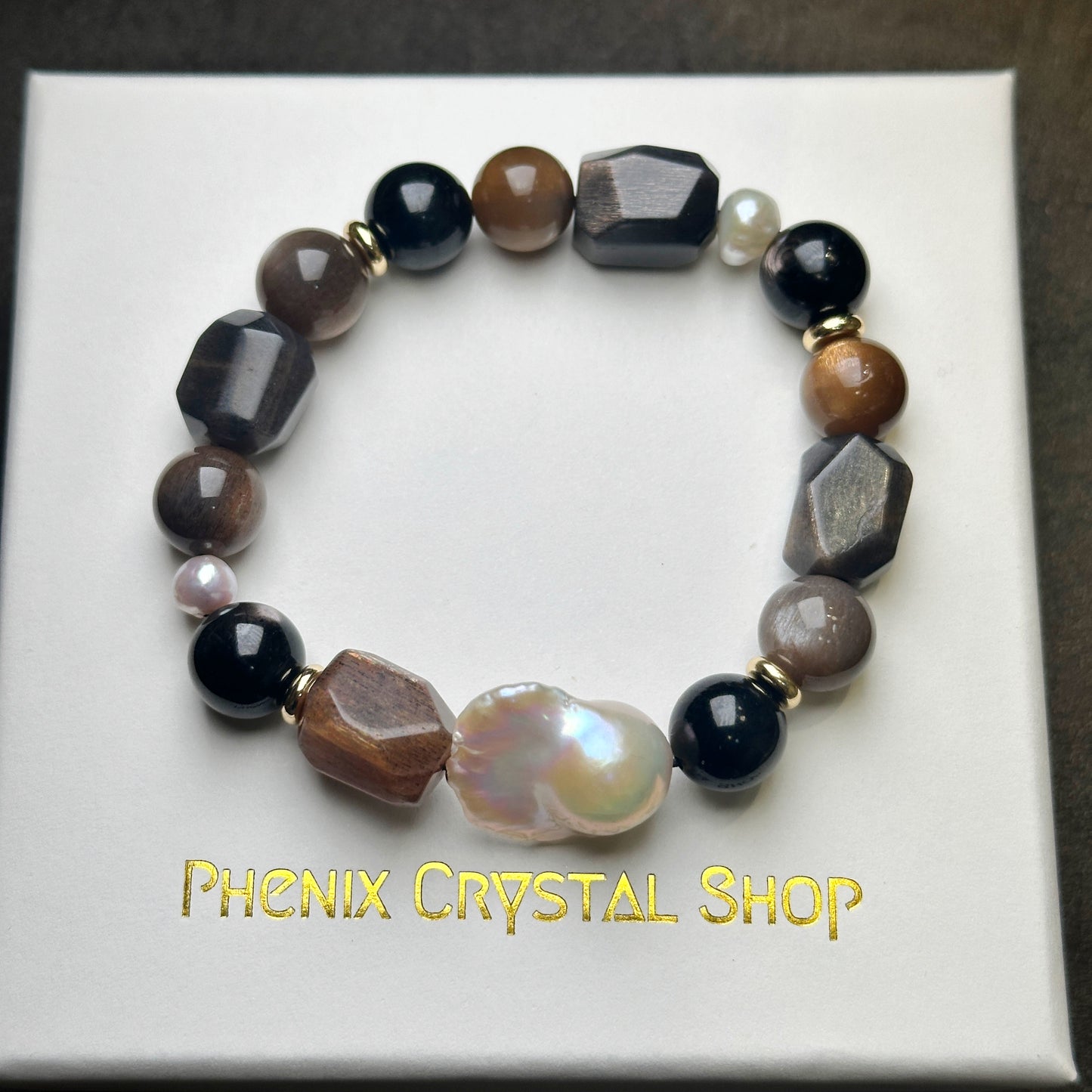 Black Sunstone Pearl Bracelet 黑金太陽骨干 金運石 巴洛克珍珠 設計手串