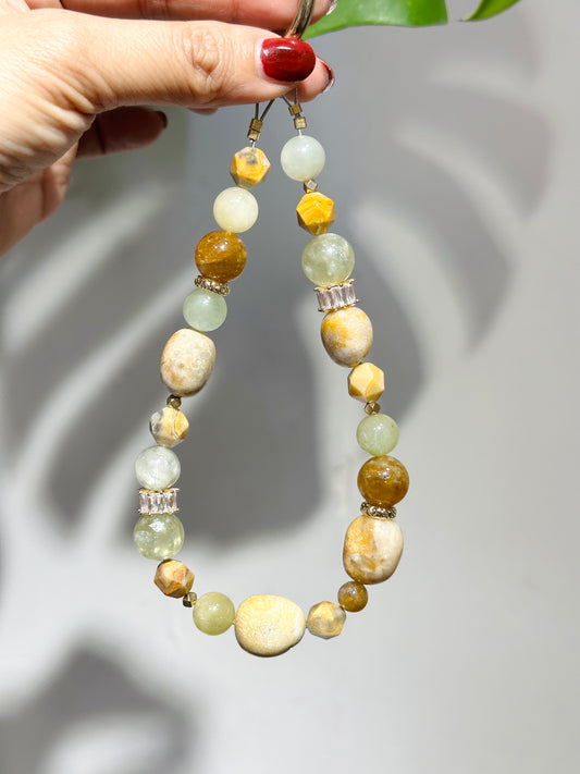 Phone Strap - Coral Stone Prehnite Yellow Tourmaline Crazy Agate 菊花玉 葡萄石 黃碧璽 黃瑪瑙 電話繩