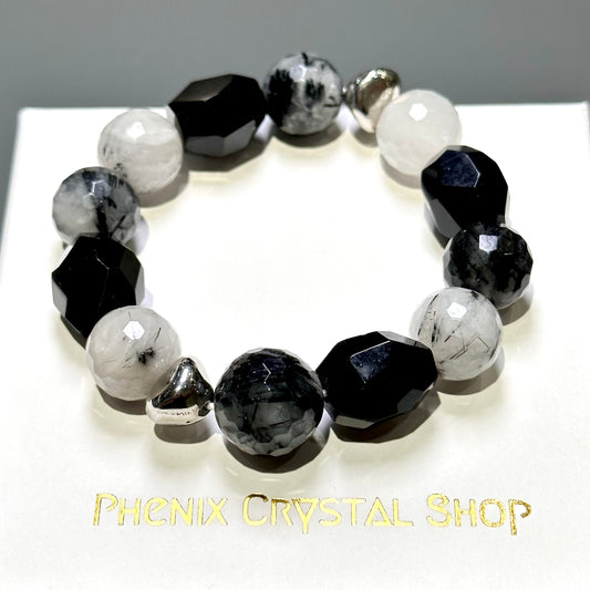 Black Rutilated Quartz x Black Agate 黑髮晶 x 黑瑪瑙 | 原礦 raw-crystal | 正面圖 front view