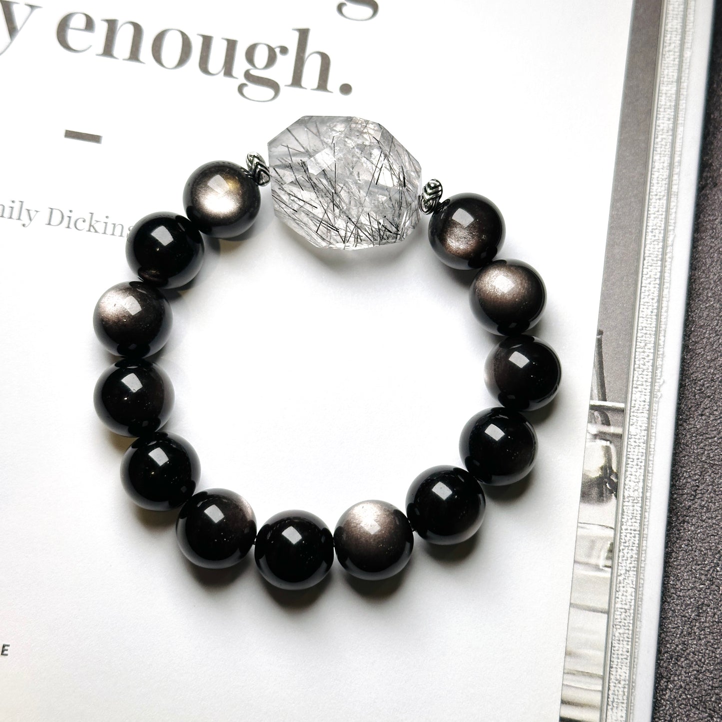 Black Rutilated Quartz x Sliver Obsidian 黑髮晶x銀曜石手串 | 手串 bracelet | 正面圖 front view