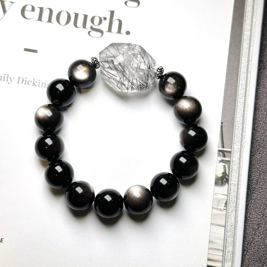 Black Rutilated Quartz x Sliver Obsidian 黑髮晶x銀曜石手串 | 手串 bracelet | 正面圖 front view