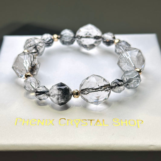 Black Rutilated Starcut 黑髮晶設計款手串 | 手串 bracelet | 正面圖 front view
