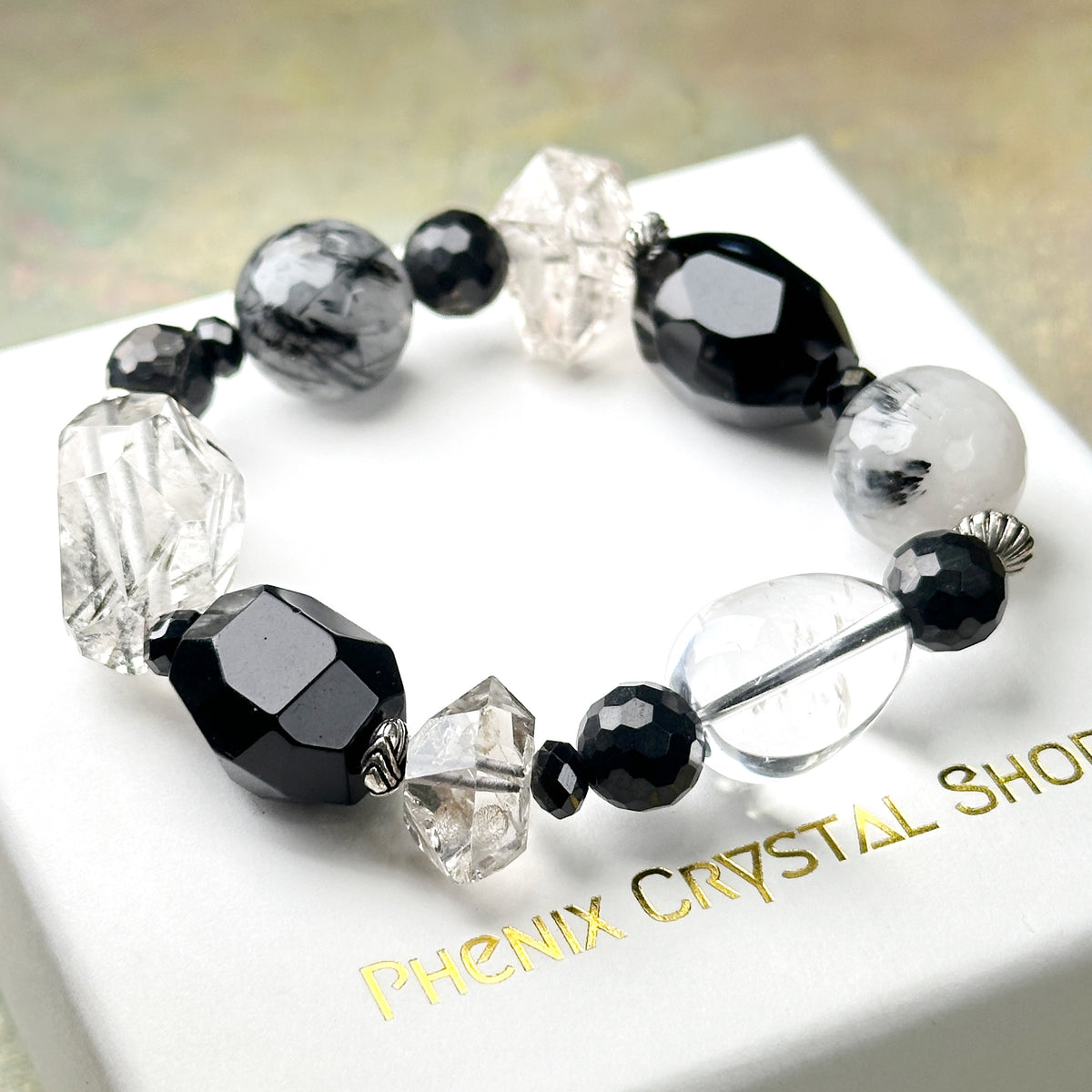 Black Rutilated x Black Agate x Shungite x Clear Quartz x Herkimer Diamond 黑髮晶 黑瑪瑙 次石墨 白晶 閃靈鑽 | 原礦 raw-crystal | 正面圖 front view