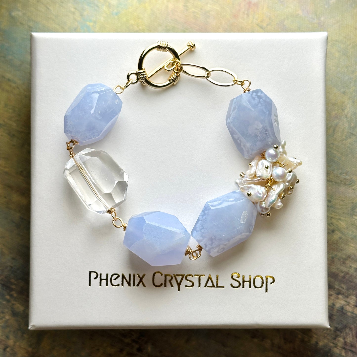 Blue Lace Agate & Pearl & Clear Quartz Bracelet 藍紋瑪瑙 珍珠 白水晶 手鏈 | 手串 bracelet | 正面圖 front view
