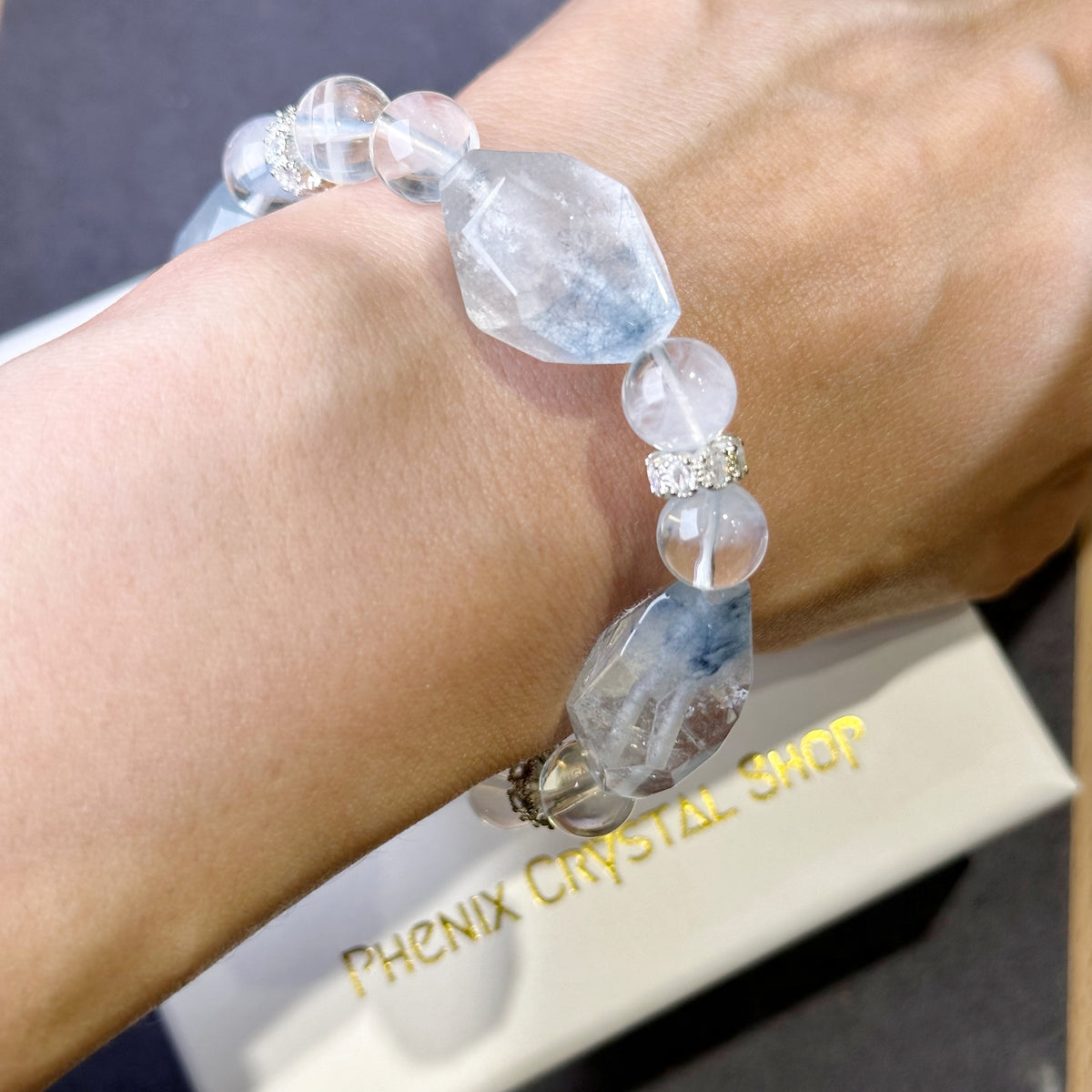 Blue Rabbit Hair Quartz x Blue Needle Quartz Design Bracelet 藍兔毛x藍針水晶 設計款 | 手串 bracelet | 正面圖 front view