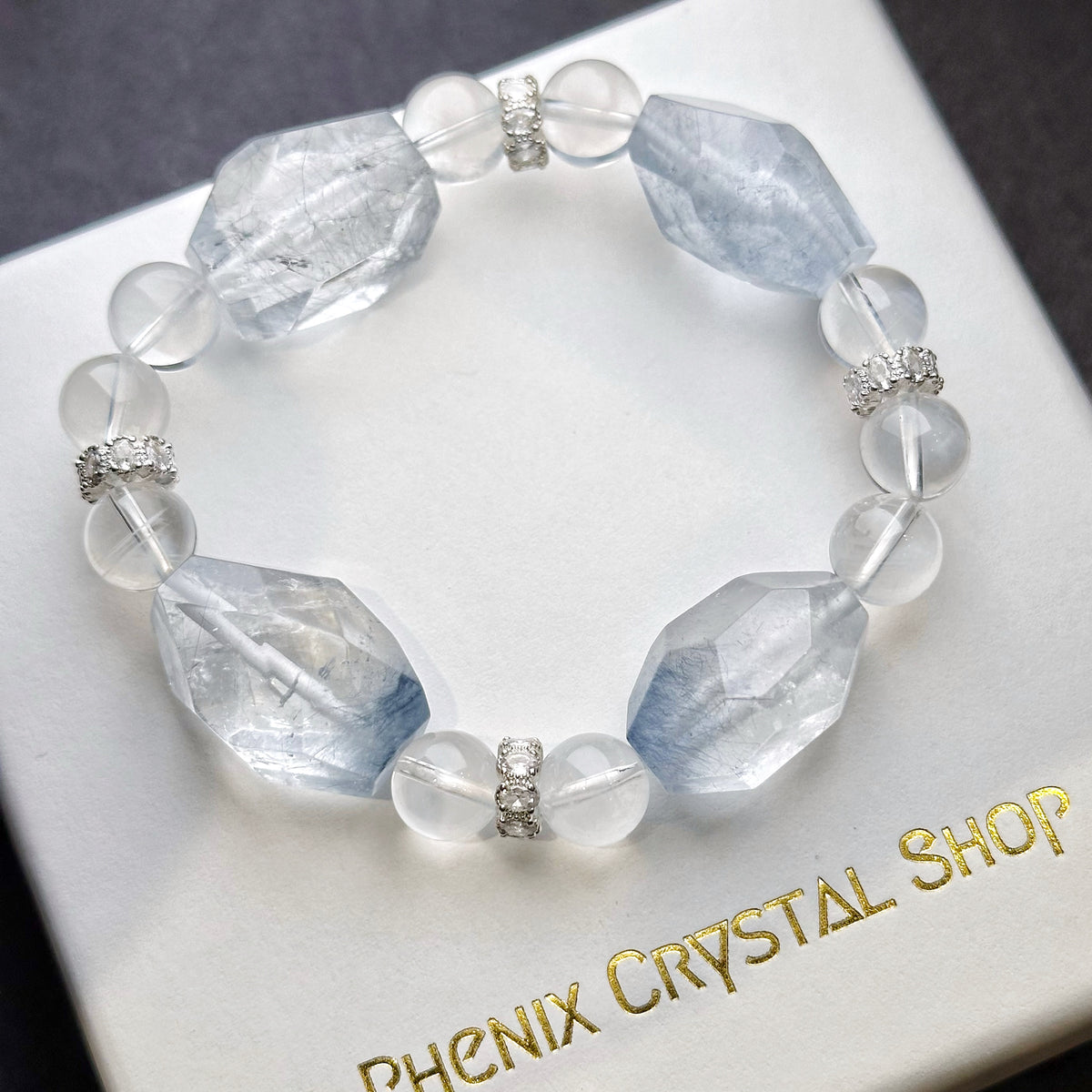 Blue Rabbit Hair Quartz x Blue Needle Quartz Design Bracelet 藍兔毛x藍針水晶 設計款 | 手串 bracelet | 整體圖 full piece view