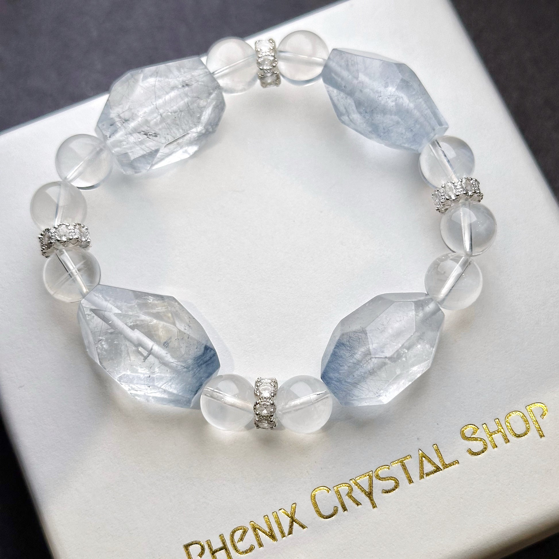 Blue Rabbit Hair Quartz x Blue Needle Quartz Design Bracelet 藍兔毛x藍針水晶 設計款 | 手串 bracelet | 整體圖 full piece view