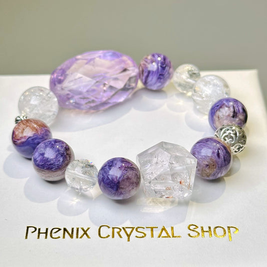 Charoite x Skeleton Quartz x Amethyst x Clear Quartz 紫龍晶 骸骨水晶 紫水晶 彩色白晶 | 原礦 raw-crystal | 正面圖 front view
