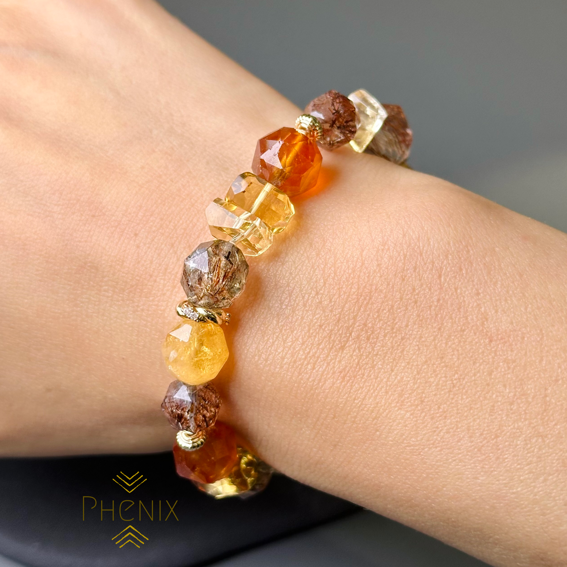 Citrine Rutilated Quartz Orange Garnet Bracelet 黃晶x碧璽髮晶x橙石榴石 | 手串 bracelet | Additional angle