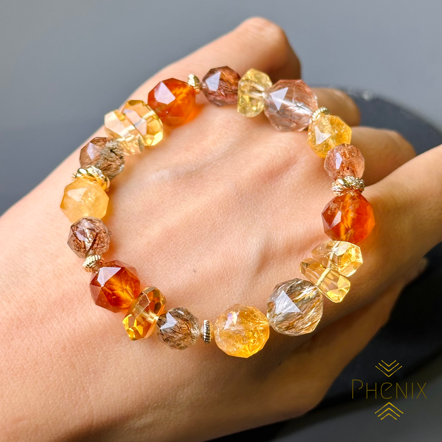 Citrine Rutilated Quartz Orange Garnet Bracelet 黃晶x碧璽髮晶x橙石榴石 | 手串 bracelet | Additional angle