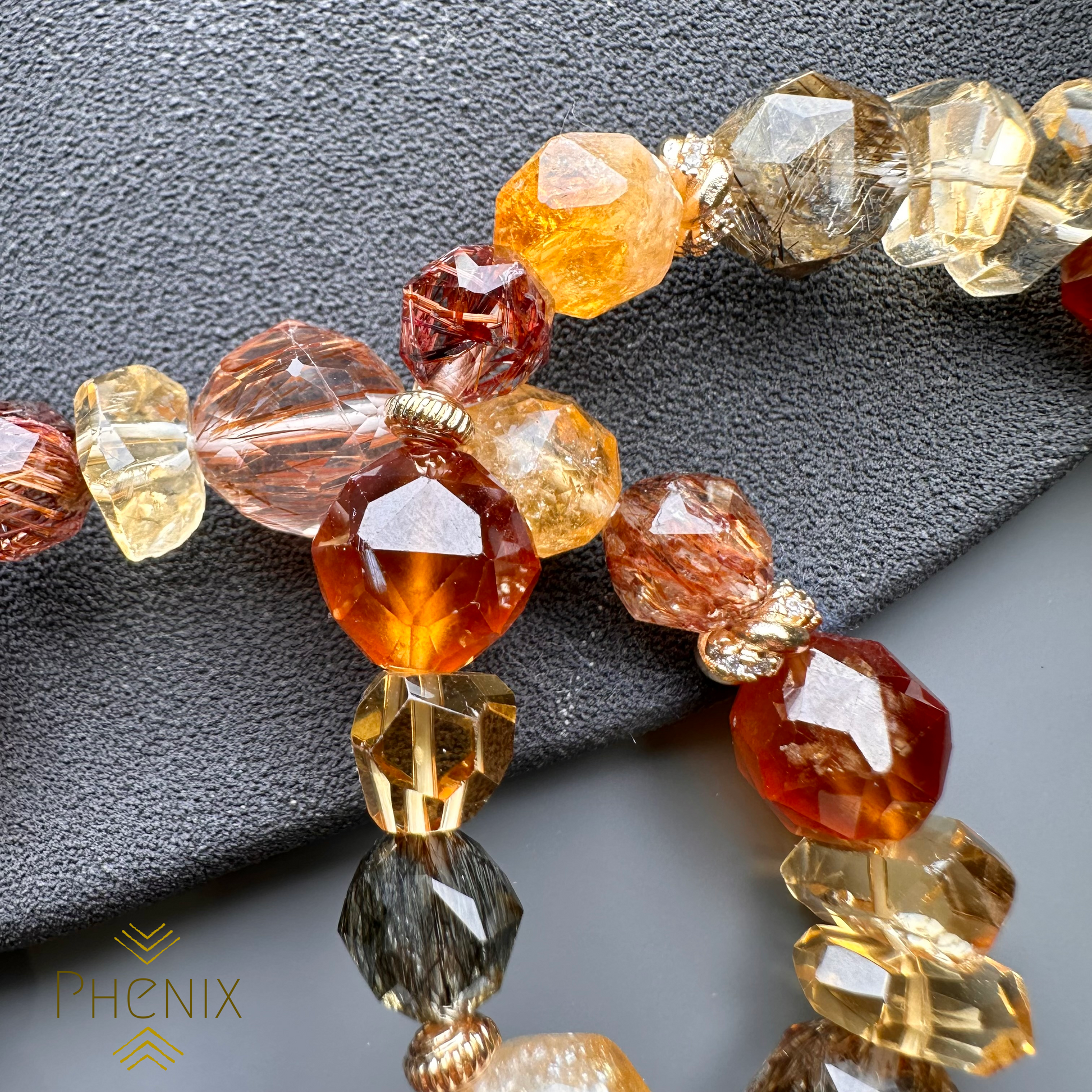 Citrine & Rutilated Quartz & Orange Garnet Bracelet  黃晶x碧璽髮晶x橙石榴石 設計款手串 | 手串 bracelet | 細節特寫 close up detail