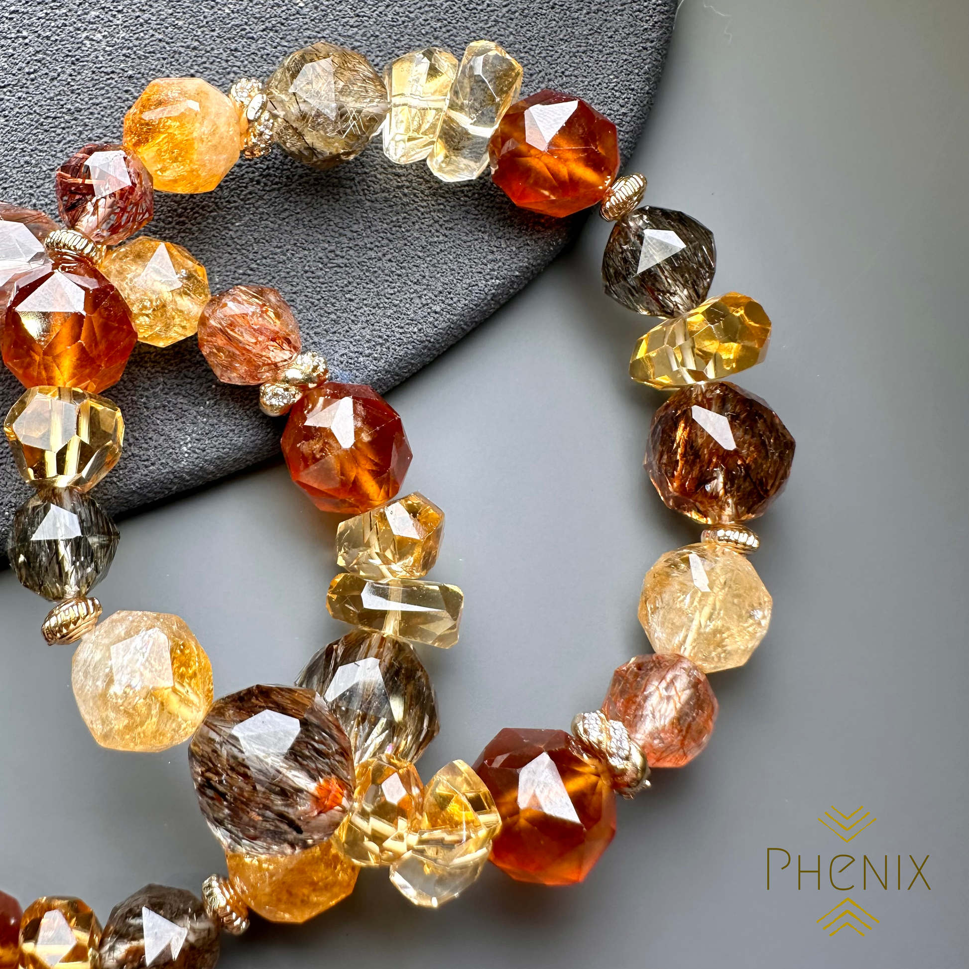 Citrine & Rutilated Quartz & Orange Garnet Bracelet  黃晶x碧璽髮晶x橙石榴石 設計款手串 | 手串 bracelet | 側面角度 side angle