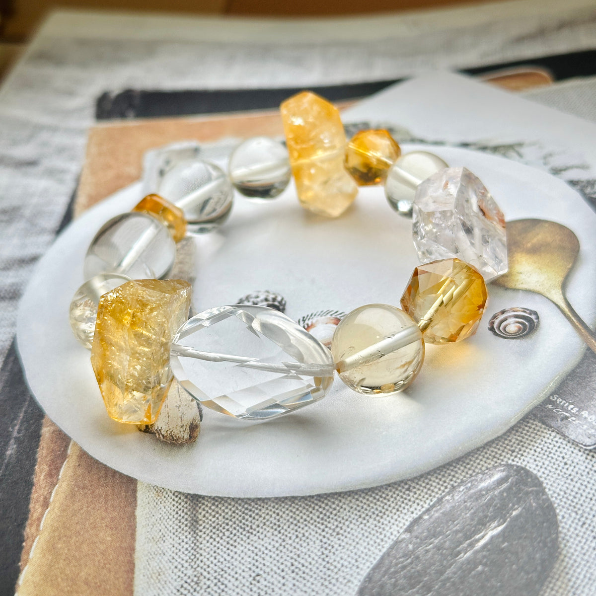 Citrine & Skeleton Quartz & Clear Quartz Faceted Bracelet 黃晶 骸骨水晶 白水晶設計手串 | 手串 bracelet | 側面角度 side angle