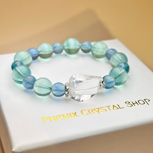Fluorite x Clear Quartz Bracelet 藍綠螢石白水晶手串 | 手串 bracelet | 正面圖 front view