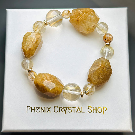 Gold Rutilated Quartz Faceted Bracelet 金髮晶不規則設計手串 | 手串 bracelet | 正面圖 front view