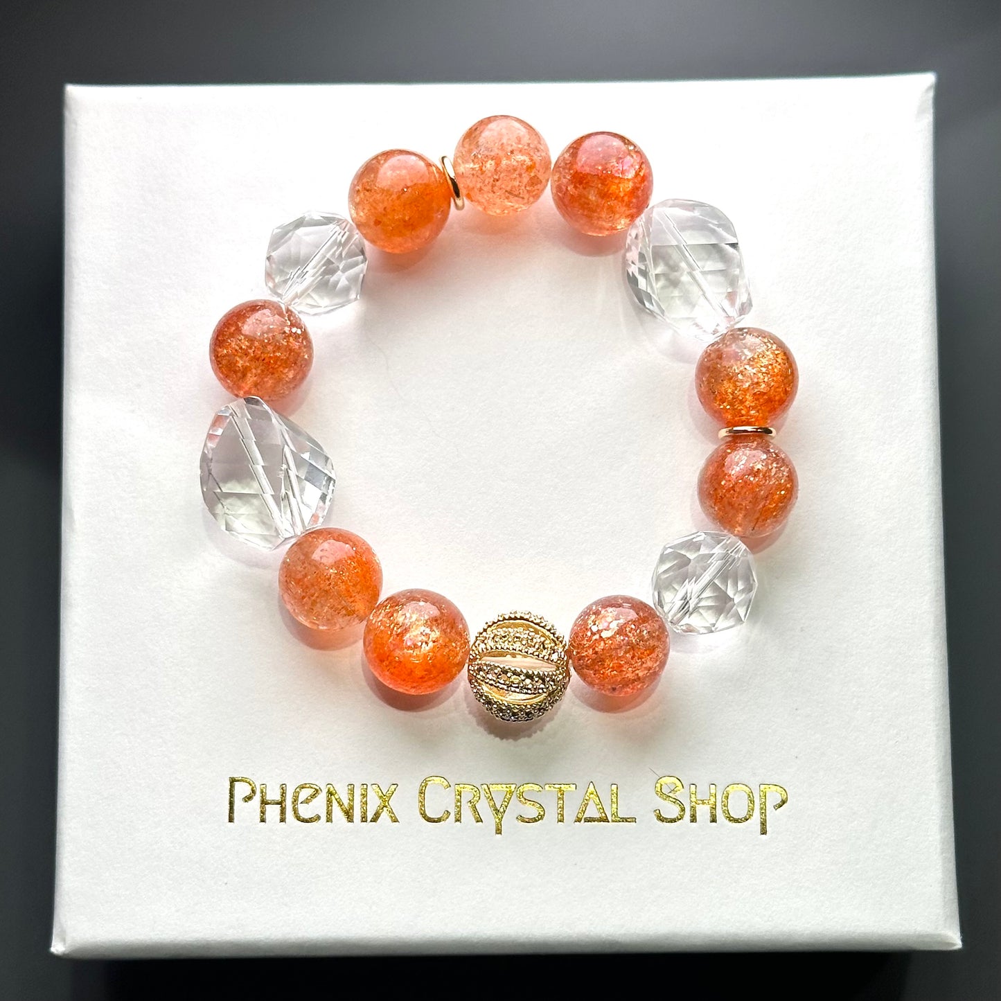 Gold Sunstone and Clear Quartz Design Bracelet 金太陽 白水晶 設計手串 | 手串 bracelet | 正面圖 front view
