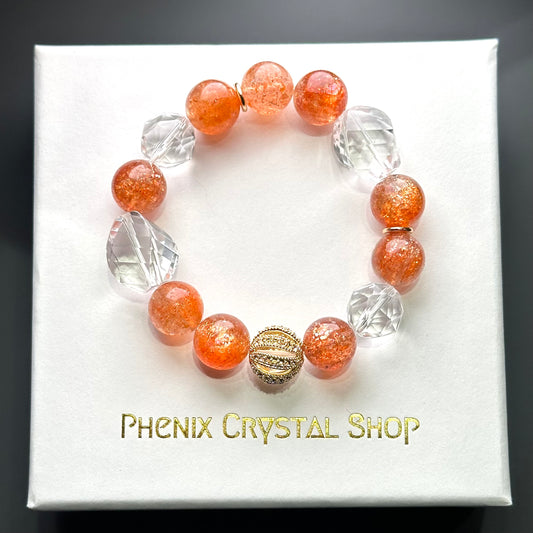 Gold Sunstone and Clear Quartz Design Bracelet 金太陽 白水晶 設計手串 | 手串 bracelet | 正面圖 front view