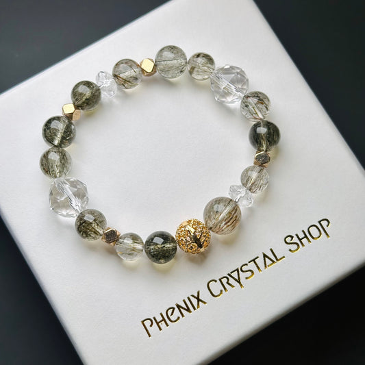 Green Tourmaline Rutilated x Clear Quartz 綠碧璽髮晶x白水晶 | 原礦 raw-crystal | 正面圖 front view