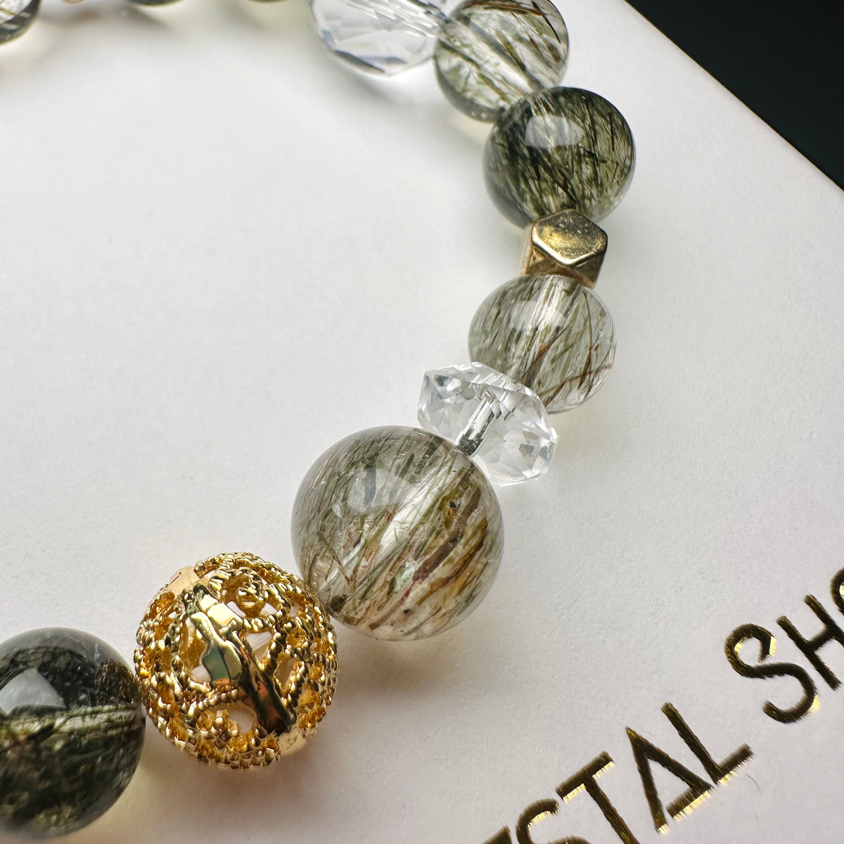 Green Tourmaline Rutilated x Clear Quartz 綠碧璽髮晶x白水晶 | 原礦 raw-crystal | 側面角度 side angle