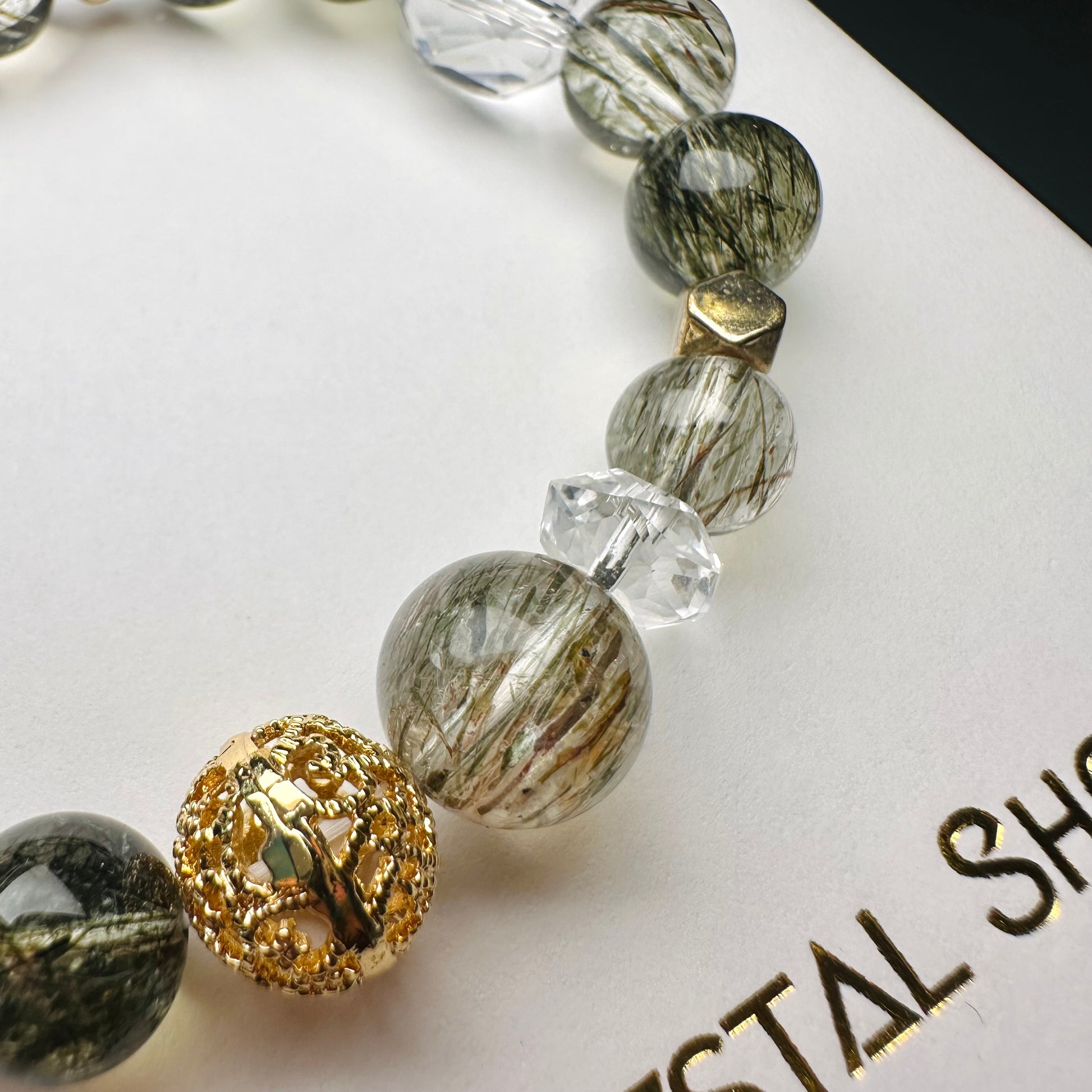 Green Tourmaline Rutilated x Clear Quartz 綠碧璽髮晶x白水晶 | 原礦 raw-crystal | 側面角度 side angle