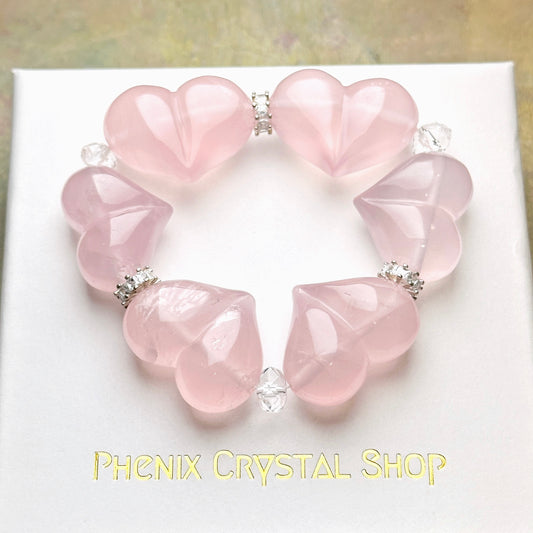 Heart Shape Rose Quartz Bracelet 心形星光粉晶手串 | 手串 bracelet | 正面圖 front view